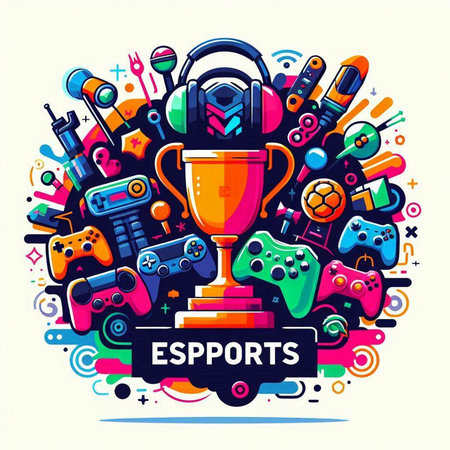 Electronics cartoon vector colorful illustration. Round composition with gamer elements and objectsのイラスト素材