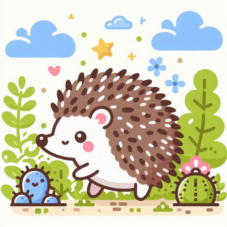 Cute hedgehog in the garden. Cute cartoon vector illustrationのイラスト素材