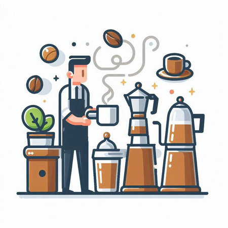 Coffee shop concept. Vector flat cartoon illustration of barista standing near coffee grinder and making coffee.のイラスト素材