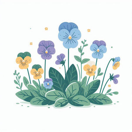 Vector illustration of colorful pansy flowers. Hand drawn vector illustration.のイラスト素材