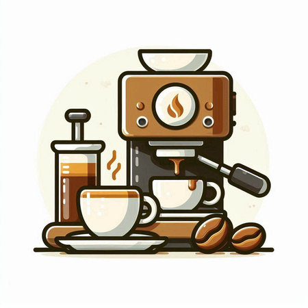 Coffee machine with cup of coffee and beans. Vector illustration.のイラスト素材
