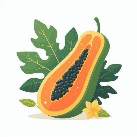 Papaya fruit and leaves isolated on white background. Vector illustration.のイラスト素材