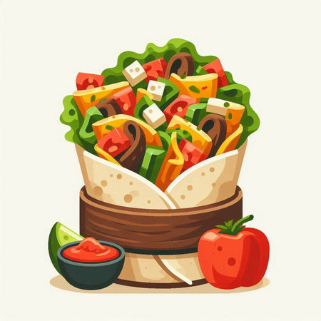 Tortilla wrap with vegetables and sauce. Vector illustration in flat styleのイラスト素材