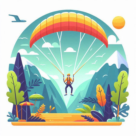 Parachutist flying in the sky. Parachutist landing on the mountain.のイラスト素材