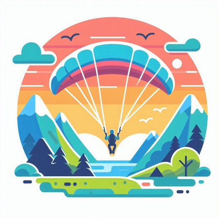 Paraglider flying over the mountains. Vector illustration in flat styleのイラスト素材