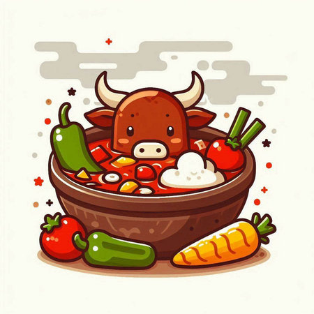Illustration of a Cute Cow Eating Vegetable Soup in Bowlのイラスト素材