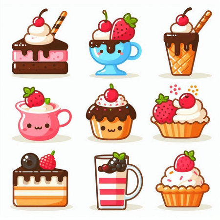 Set of cute cartoon cupcakes with different toppings. Vector illustration.のイラスト素材