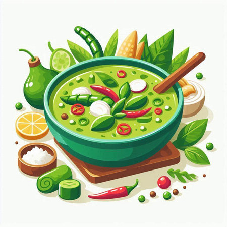 Green soup with vegetables and spices. Vector illustration in cartoon style.のイラスト素材
