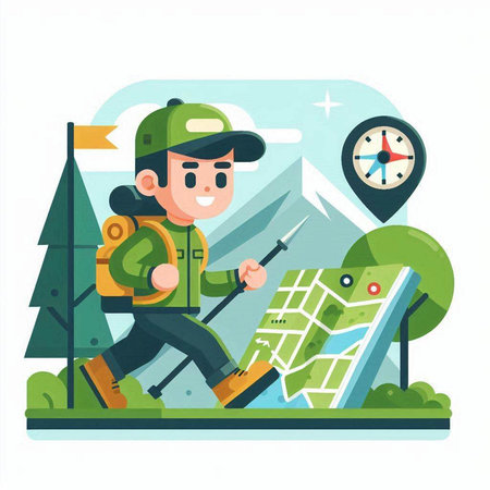 Tourist man with backpack and map. Flat style vector illustration.のイラスト素材
