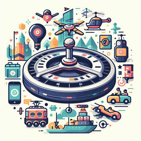 Vector illustration of a set of different types of transport. Luggage, car, ship, plane, helicopter, car, train, bus, bus, tram, train.のイラスト素材