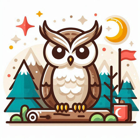 Owl on the background of mountains and the moon. Vector illustration.のイラスト素材