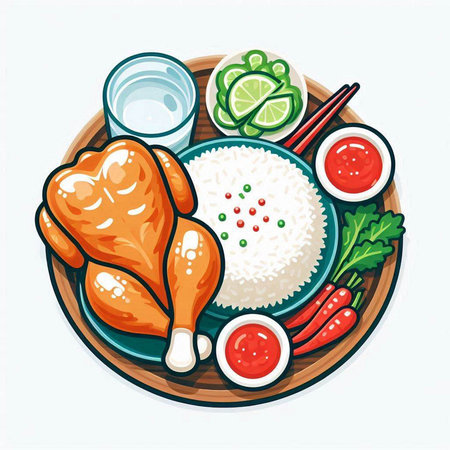 Illustration of chicken and rice on wooden plate. Vector illustration.のイラスト素材