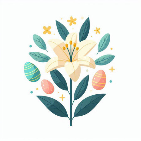 Easter greeting card with lily flower and eggs. Vector illustrationのイラスト素材