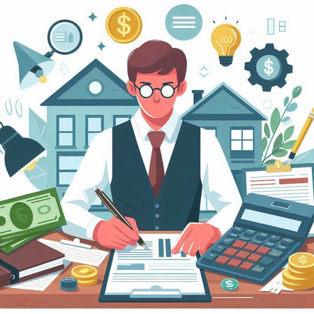 Real estate agent. Vector illustration in flat cartoon style. Businessman signing contract.のイラスト素材