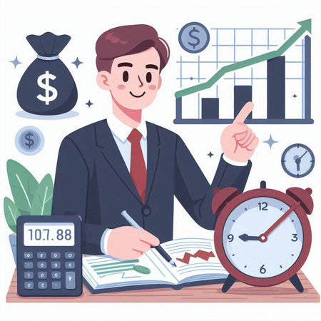 Businessman working at the office. Vector illustration in cartoon style.のイラスト素材