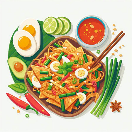 Thai food. Fried noodle with vegetables and egg. Vector illustrationのイラスト素材