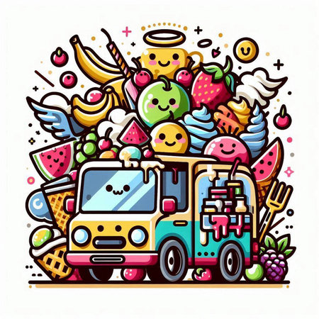 Funny food truck. Vector illustration. Colorful cartoon characters.のイラスト素材