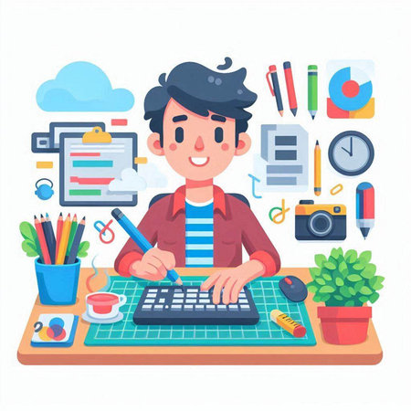 Freelance man working at home. Freelance concept. Vector illustrationのイラスト素材