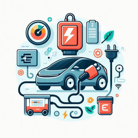 Electric car charging. Renewable energy concept. Vector illustration in flat styleのイラスト素材