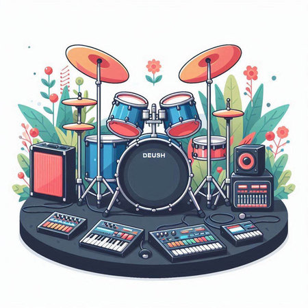 Drum set on the stage. Vector illustration in cartoon style.のイラスト素材