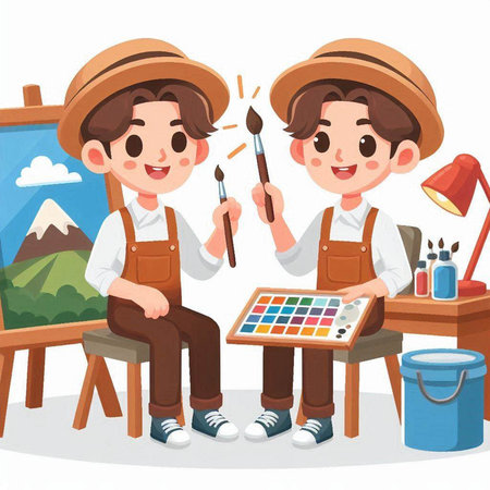 Illustration of a Cute Boy and Girl Painting in the Studioのイラスト素材