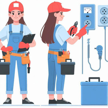 Female electrician and electrician with tools and instruments. Vector illustrationのイラスト素材