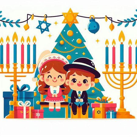 Boy and girl in Hanukkah costume. Vector illustration.のイラスト素材