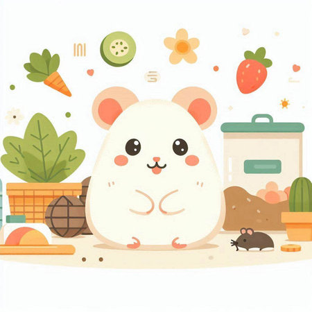 Illustration of a cute white hamster, surrounded by different objectsのイラスト素材