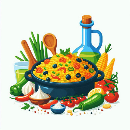 Illustration of a casserole with vegetables and olive oil.のイラスト素材