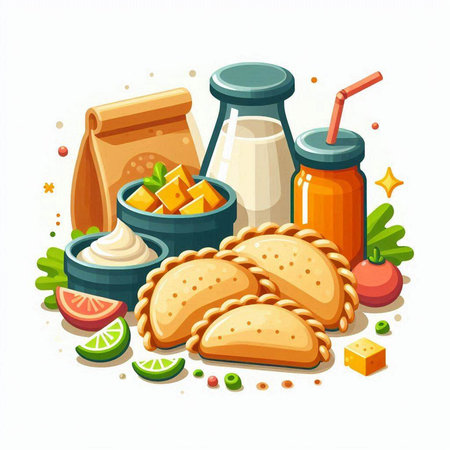 Vegetarian food. Vector illustration of healthy food in cartoon style.のイラスト素材