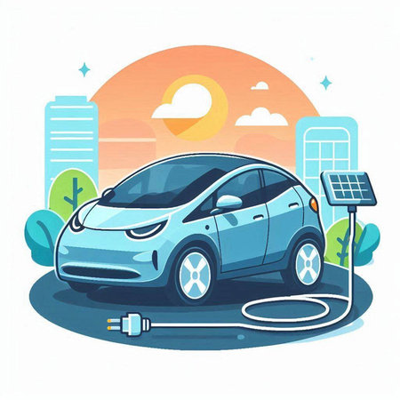 Electric car and solar panel on the background of the city. Vector illustration.のイラスト素材