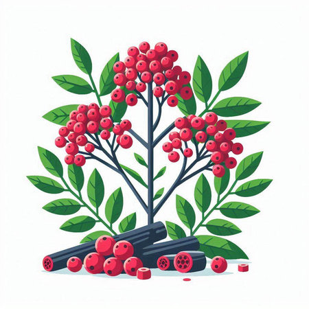 Red rowan berries and green leaves isolated on white background. Vector illustration.のイラスト素材