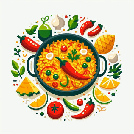 Vector illustration of paella in a frying pan with vegetables, herbs and spices.のイラスト素材