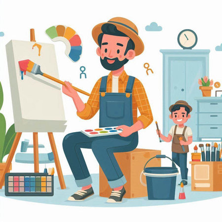Painter man working in his workshop. Vector illustration in flat styleのイラスト素材