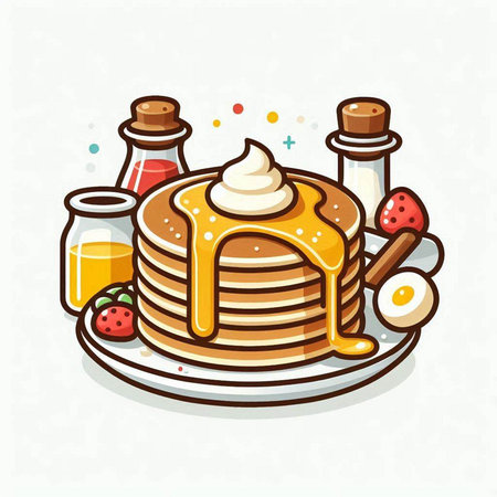 Pancakes with whipped cream and honey. Vector illustration in cartoon style.のイラスト素材