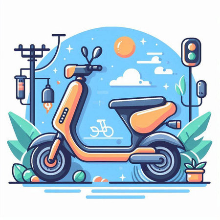 Modern scooter on the road. Vector illustration in flat style.のイラスト素材