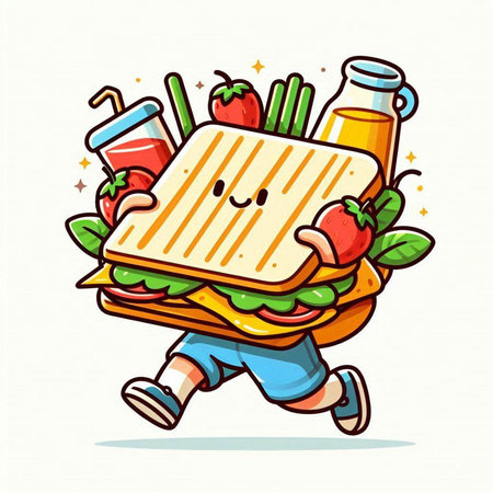 Cartoon character fast food sandwich with vegetables and fruits. Vector illustration.のイラスト素材