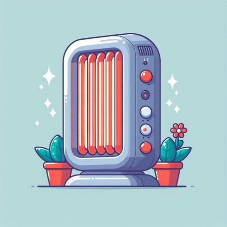 Retro style vector illustration of an electric heater with a flower pot.のイラスト素材