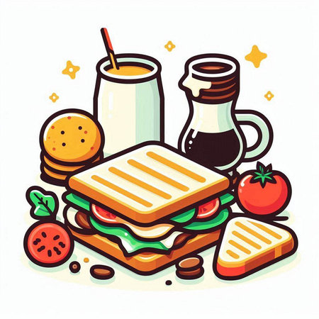 Illustration of a sandwich with cheese, lettuce, tomato, cheese and juiceのイラスト素材