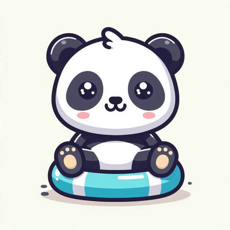 Cute panda sitting on a blue inflatable ring. Vector illustration.のイラスト素材