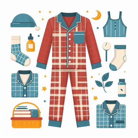 Set of pajama clothes and accessories. Vector illustration in flat styleのイラスト素材