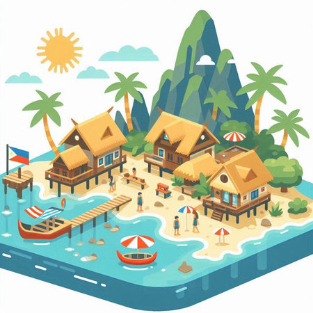 isometric tropical island with bungalows and palm trees vector illustrationのイラスト素材