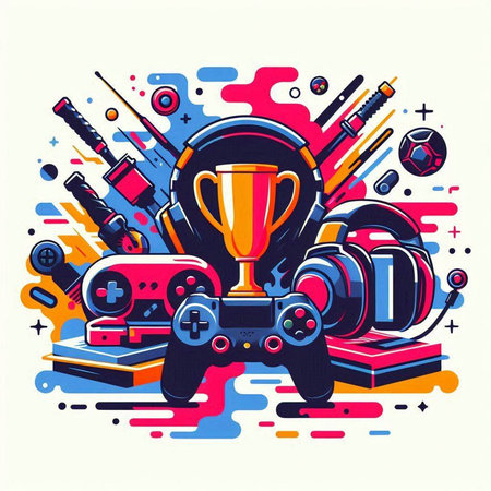 Retro style vector illustration of a gamepad, video game controller, joystick and other gaming equipment.のイラスト素材