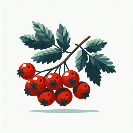 Red rowan berries on a branch with green leaves. Vector illustration.のイラスト素材