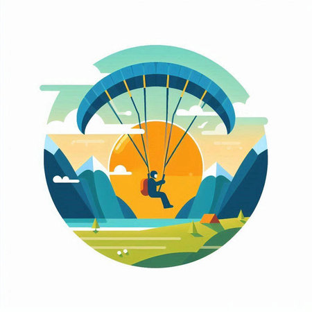 Paraglider flying over the lake. Paraglider in the sky. Vector illustrationのイラスト素材