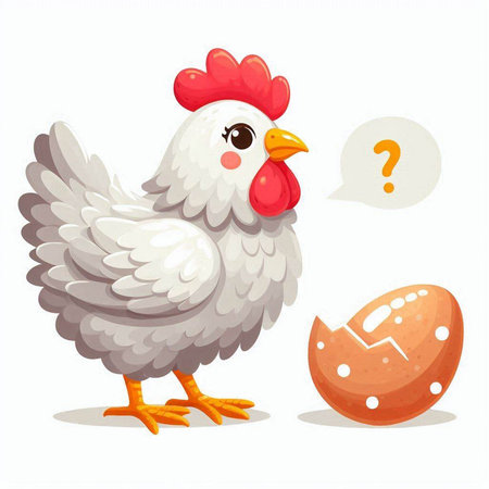Chicken and egg with question mark. Cute cartoon character. Vector illustrationのイラスト素材