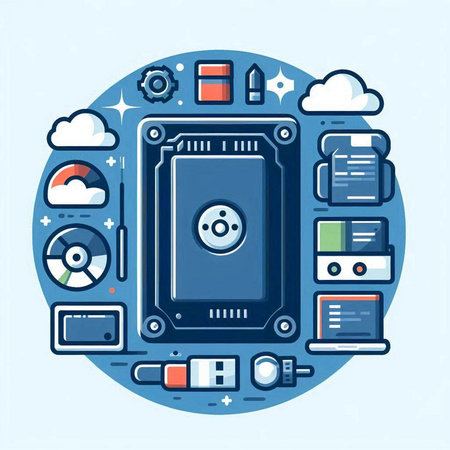 Vector illustration of hard drive with cloud computing icons on blue background.のイラスト素材