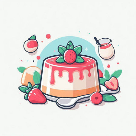 Vector illustration of a piece of cake with strawberry and cream on a white background.のイラスト素材