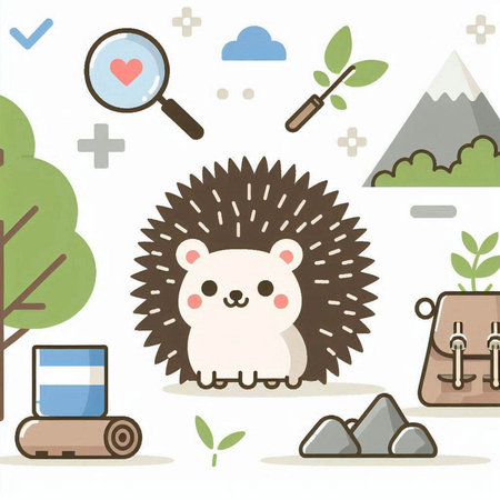 Cute hedgehog and camping equipment in the forest. Vector illustration.のイラスト素材