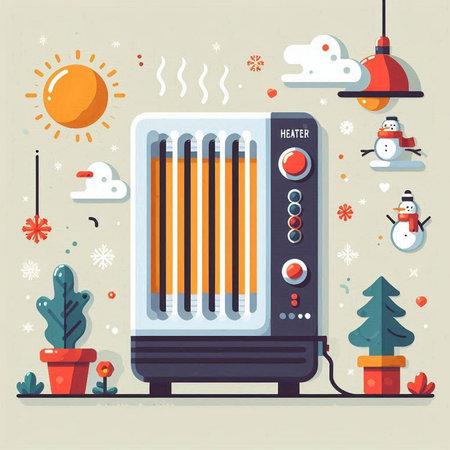 Vector illustration of a modern heater on the background of winter landscape.のイラスト素材